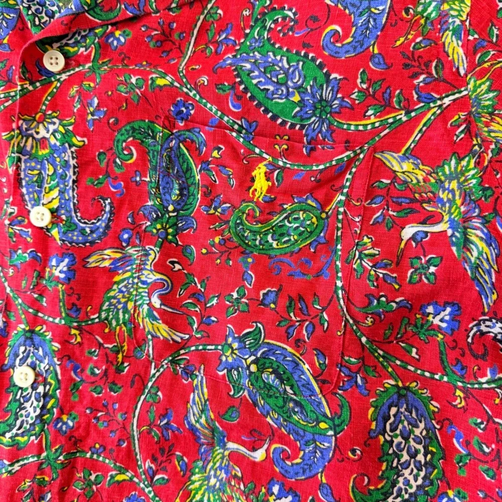 Polo Ralph Lauren Paisley Crane Linen Button Down Shirt Mens Large Red